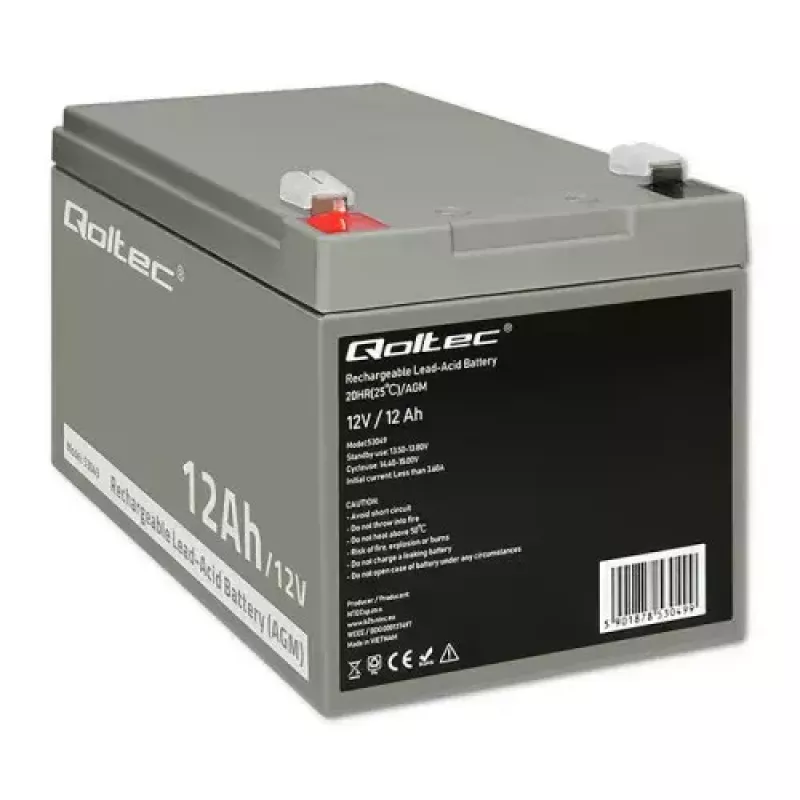 UPS akumuliatorius QOLTEC 53049, VRLA AGM 12 V 12 Ah, pilkas, 150×98×95 mm