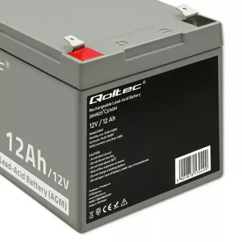 UPS akumuliatorius QOLTEC 53049, VRLA AGM 12 V 12 Ah, pilkas, 150×98×95 mm