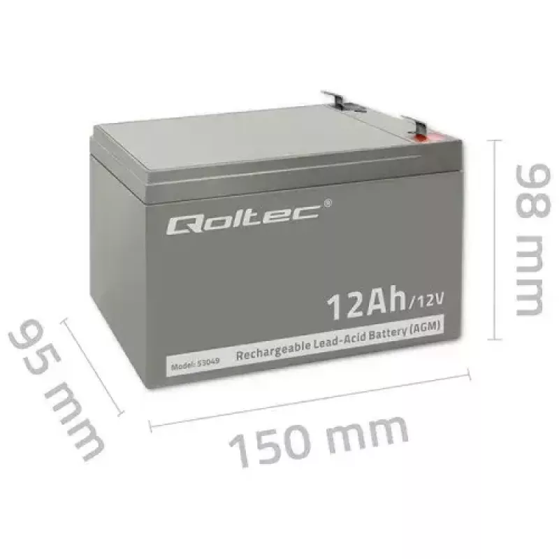 UPS akumuliatorius QOLTEC 53049, VRLA AGM 12 V 12 Ah, pilkas, 150×98×95 mm