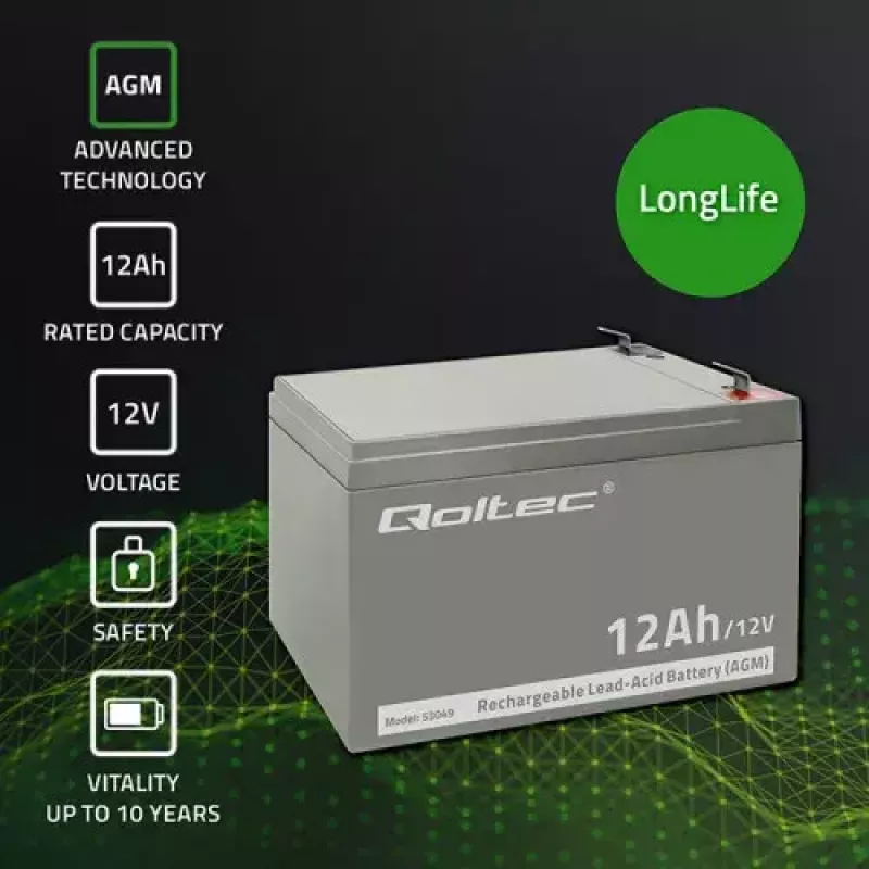 UPS akumuliatorius QOLTEC 53049, VRLA AGM 12 V 12 Ah, pilkas, 150×98×95 mm