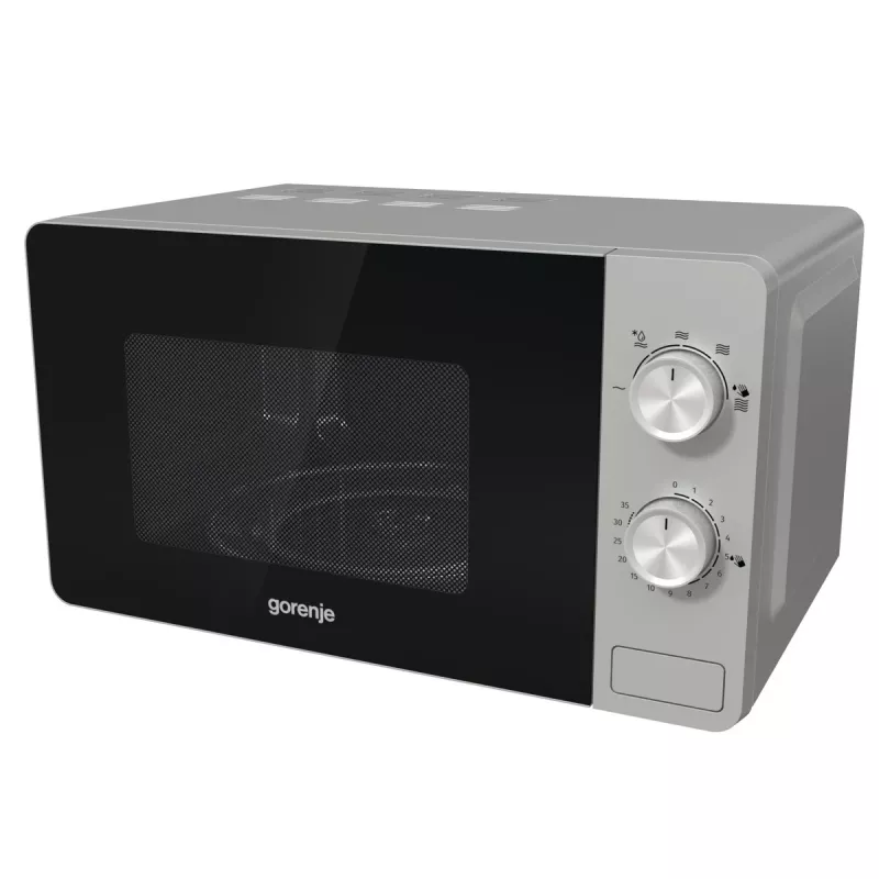 Solo mikrobangų krosnelė Gorenje MO20E1S — 20 L, 800 W, sukamoji rankenėlė, 270 mm padėklas, nerūdijantis plienas/juoda