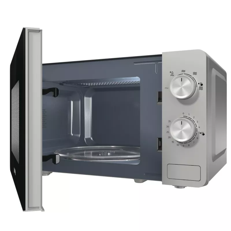 Solo mikrobangų krosnelė Gorenje MO20E1S — 20 L, 800 W, sukamoji rankenėlė, 270 mm padėklas, nerūdijantis plienas/juoda