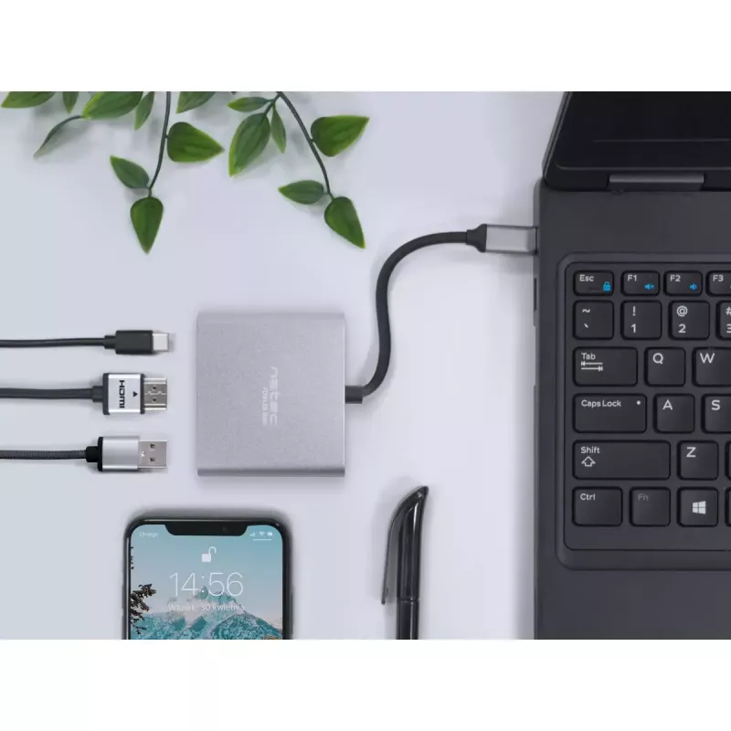 USB-C į HDMI ir USB šakotuvas NATEC Fowler Mini — USB 2.0 Type-C, HDMI, USB-A ir USB-C prievadai, pilka