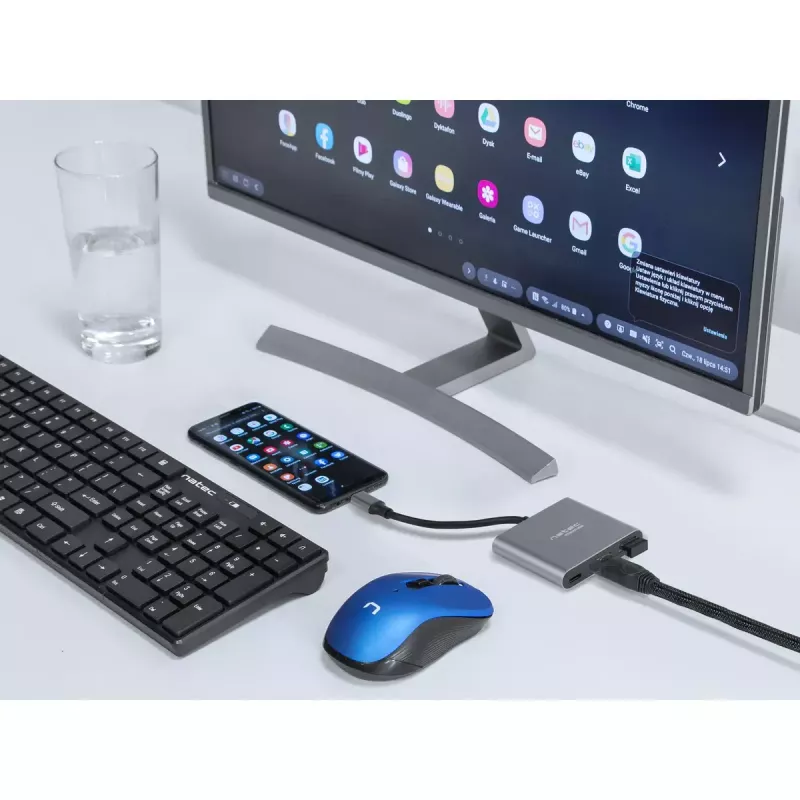 USB-C į HDMI ir USB šakotuvas NATEC Fowler Mini — USB 2.0 Type-C, HDMI, USB-A ir USB-C prievadai, pilka