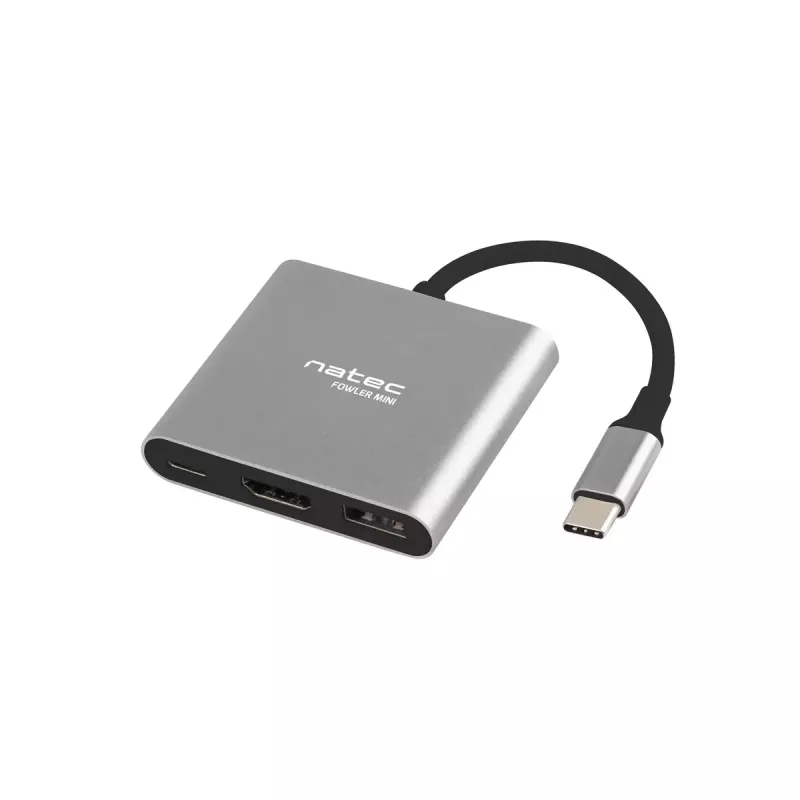 USB-C į HDMI ir USB šakotuvas NATEC Fowler Mini — USB 2.0 Type-C, HDMI, USB-A ir USB-C prievadai, pilka
