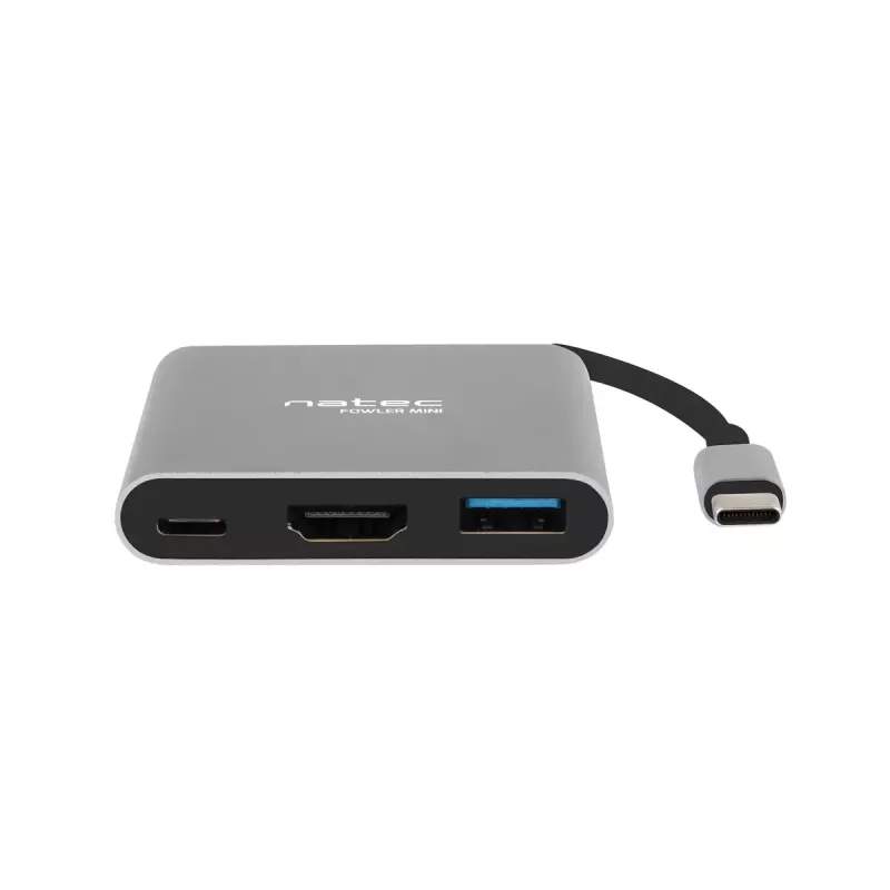 USB-C į HDMI ir USB šakotuvas NATEC Fowler Mini — USB 2.0 Type-C, HDMI, USB-A ir USB-C prievadai, pilka