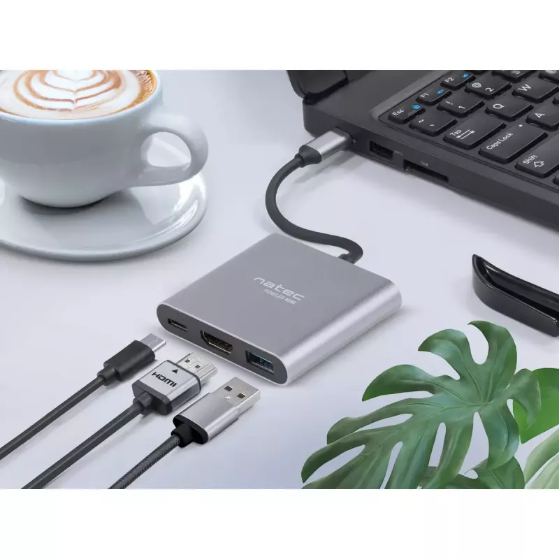 USB-C į HDMI ir USB šakotuvas NATEC Fowler Mini — USB 2.0 Type-C, HDMI, USB-A ir USB-C prievadai, pilka