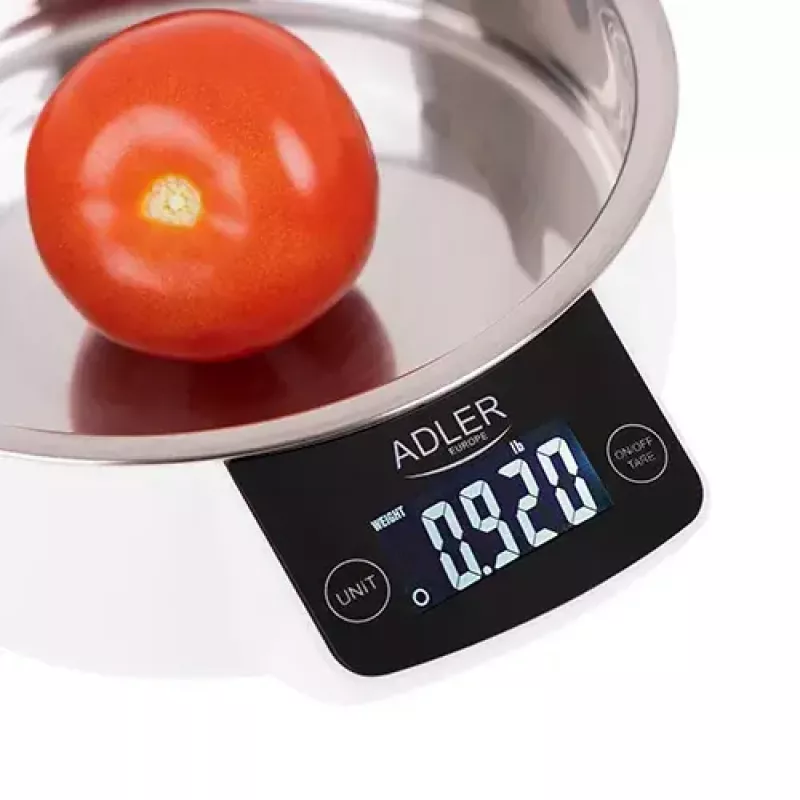 Virtuvinės elektroninės svarstyklės Adler AD 3166 – 5 kg, 1 g, nerūdijančio plieno dubuo 0,9 L, LCD, laikmatis