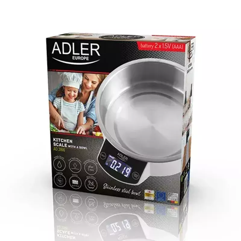 Virtuvinės elektroninės svarstyklės Adler AD 3166 – 5 kg, 1 g, nerūdijančio plieno dubuo 0,9 L, LCD, laikmatis