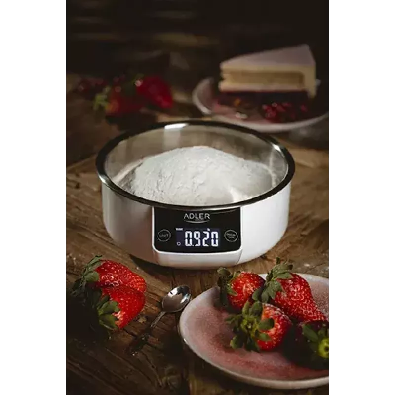 Virtuvinės elektroninės svarstyklės Adler AD 3166 – 5 kg, 1 g, nerūdijančio plieno dubuo 0,9 L, LCD, laikmatis