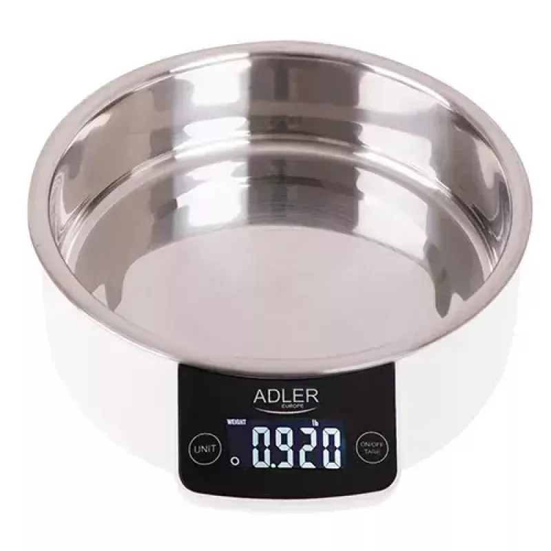 Virtuvinės elektroninės svarstyklės Adler AD 3166 – 5 kg, 1 g, nerūdijančio plieno dubuo 0,9 L, LCD, laikmatis