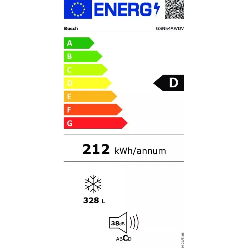 Šaldiklis vertikalus Bosch Serie 6 GSN54AWDV — 328 L net, NoFrost, FastFreeze, LED ekranas, Baltas
