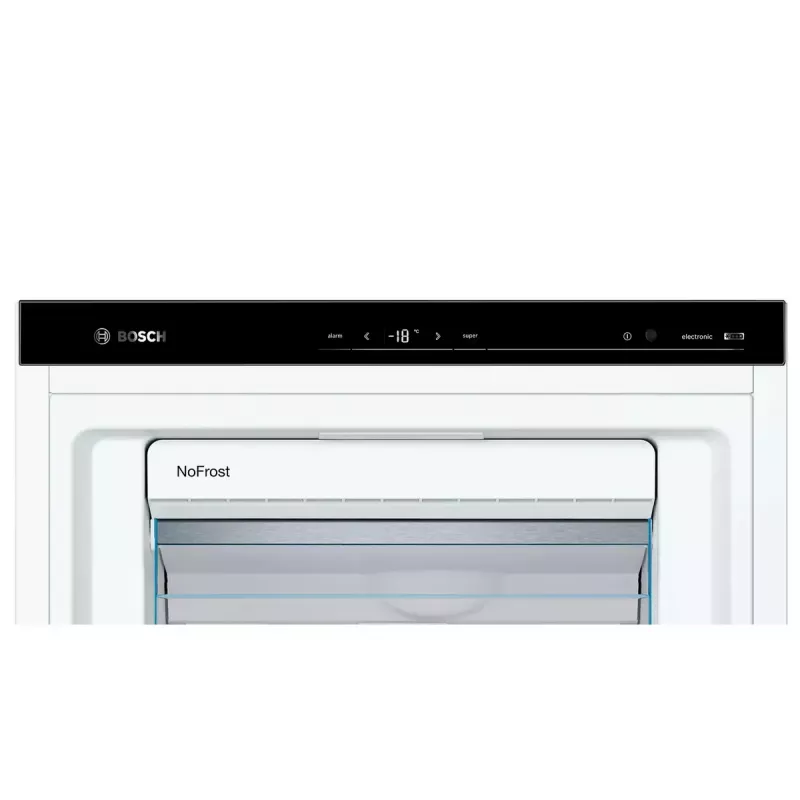 Šaldiklis vertikalus Bosch Serie 6 GSN54AWDV — 328 L net, NoFrost, FastFreeze, LED ekranas, Baltas