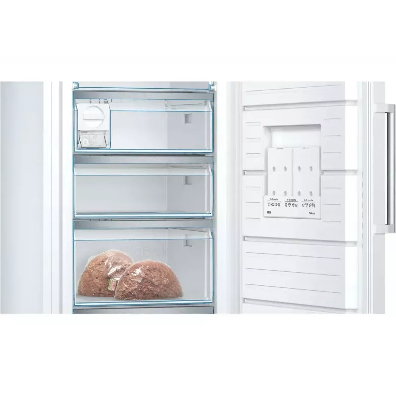 Šaldiklis vertikalus Bosch Serie 6 GSN54AWDV — 328 L net, NoFrost, FastFreeze, LED ekranas, Baltas