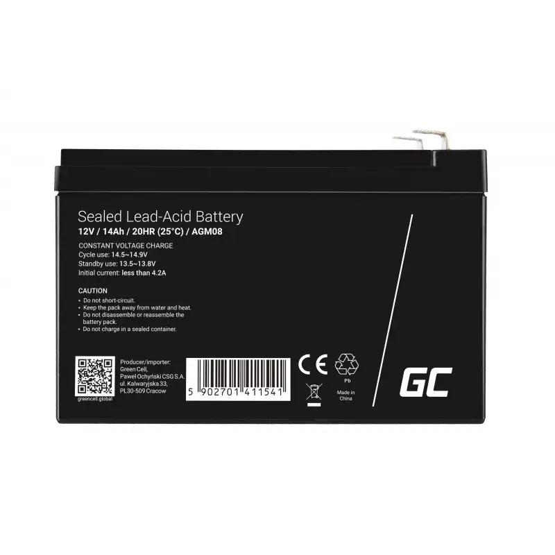 Green Cell AGM08 Įkraunamas AGM švino rūgšties akumuliatorius 12 V 14000 mAh, 98×151×95 mm, 3,45 kg