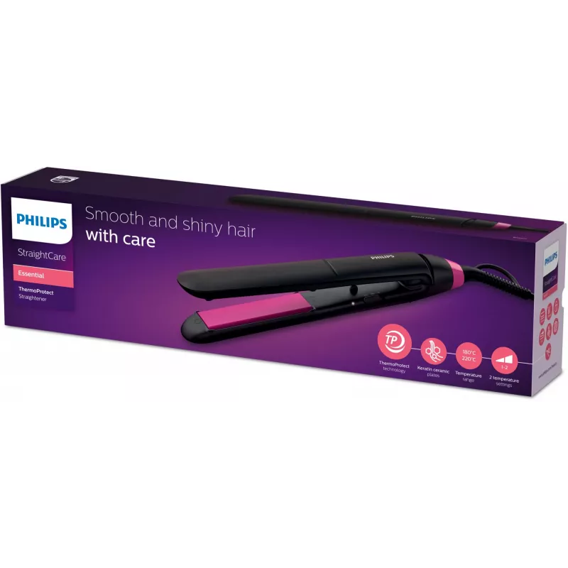 Tiesinimo šepetys Philips StraightCare Essential ThermoProtect BHS375/00 — keraminės plokštelės 28 mm, 2 temperatūros lygiai, maks. 220 °C