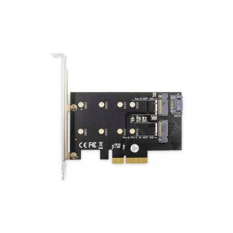 DIGITUS M.2 NGFF/NVMe SSD PCI-E papildinio kortelė, palaiko B, M ir B+M raktą, dydžiai 2230, 2242, 2260, 2280