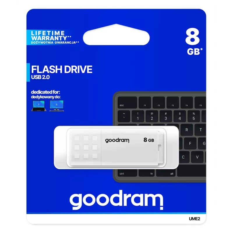 USB atmintukas GOODRAM UME2 8 GB USB 2.0 Type-A, baltas, 20 MB/s skaitymas, 5 MB/s rašymas