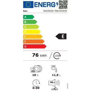 Įmontuojamas indaplovė BEKO DIS35026 — siaura 45 cm, 10 komplektų, 48 dB, 5 programų, E energijos klasė