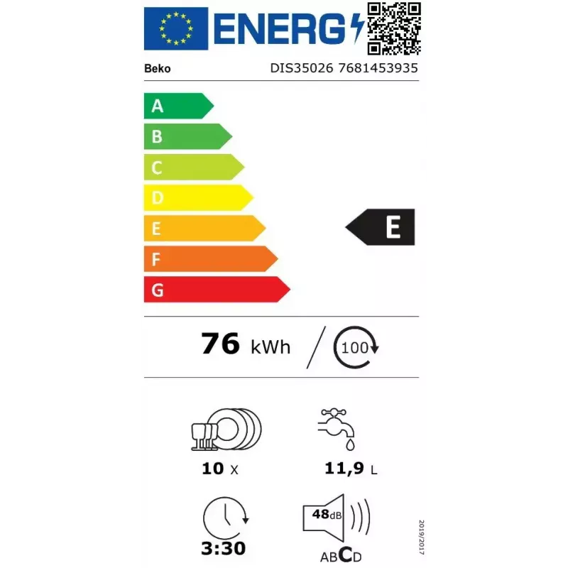 Įmontuojamas indaplovė BEKO DIS35026 — siaura 45 cm, 10 komplektų, 48 dB, 5 programų, E energijos klasė