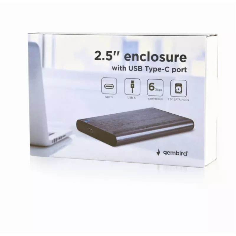 Gembird EE2-U3S-6-GR išorinis 2.5 inch SATA HDD/SSD dėklas su USB 3.1 Type-C, šlifuotas aliuminis, pilka