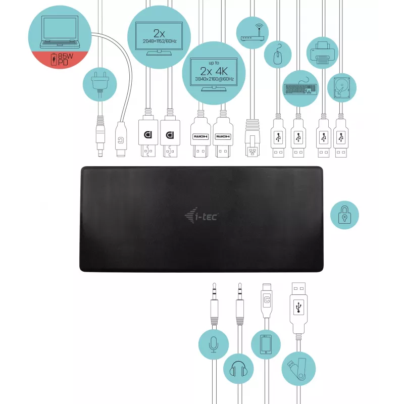 Dokavimo stotelė i-tec USB-C Quattro su keturiais ekranais ir 85 W įkrovimu