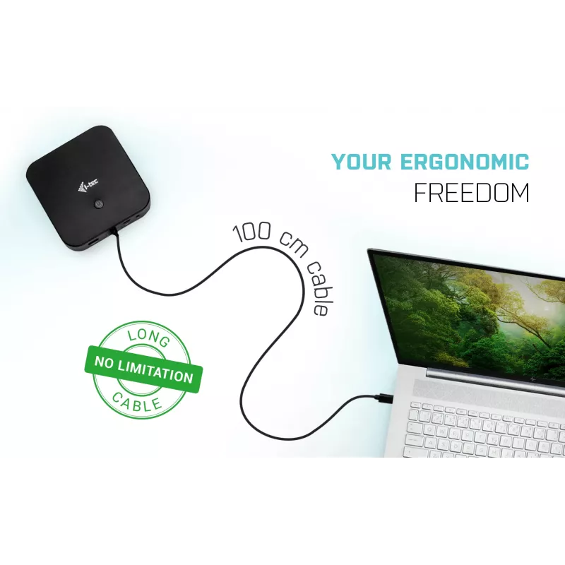 i-tec USB-C dviejų monitorių dokų stotelė su 100 W maitinimu ir universalus 100 W įkroviklis