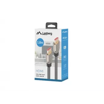 HDMI kabelis LANBERG CA-HDMI-30CU-0018-BK — HDMI 2.1, 1,8 m, 48 Gbit/s, 7680×4320, 240 Hz, ARC, eARC/Ethernet palaikymas