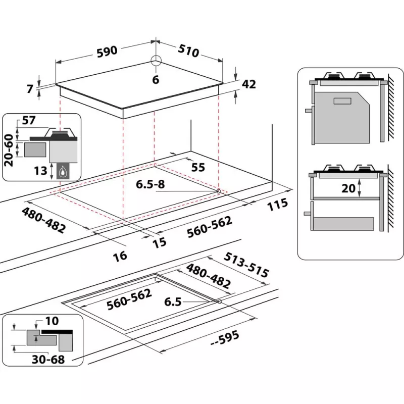 Whirlpool AKT 616/NB Juodas įmontuojamas 60 cm dujinė kaitlentė 4 zonos