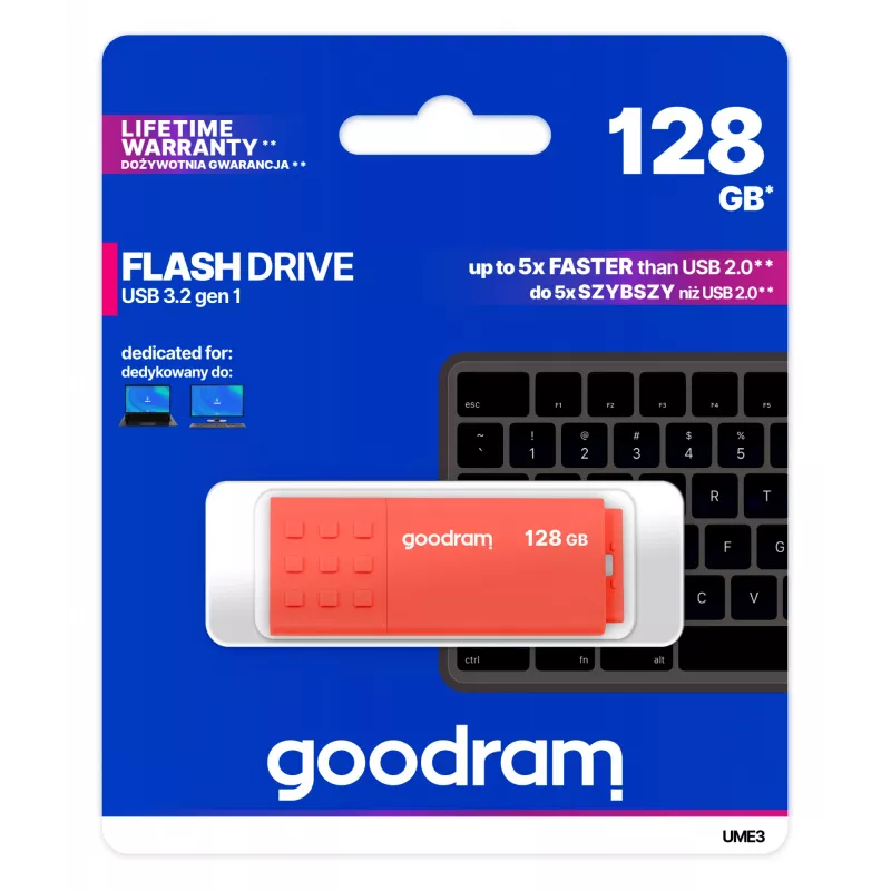 USB atmintukas GOODRAM UME3 128 GB USB Type-A 3.2 Gen 1, oranžinis, be dangtelio, 60/20 MB/s