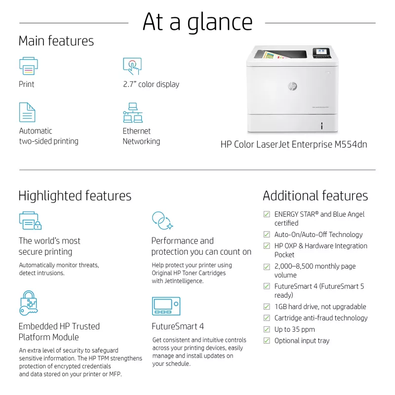 HP Color LaserJet Enterprise M554dn spausdintuvas, lazerinis, spalvotas, 1200 x 1200 DPI, A4, 33 ppm, dvipusis spausdinimas