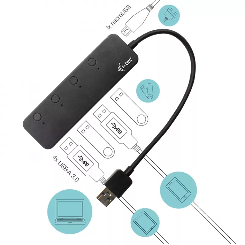 USB šakotuvas i-tec USB 3.0 Metal HUB 4 prievadai su atskirais įjungimo/išjungimo jungikliais