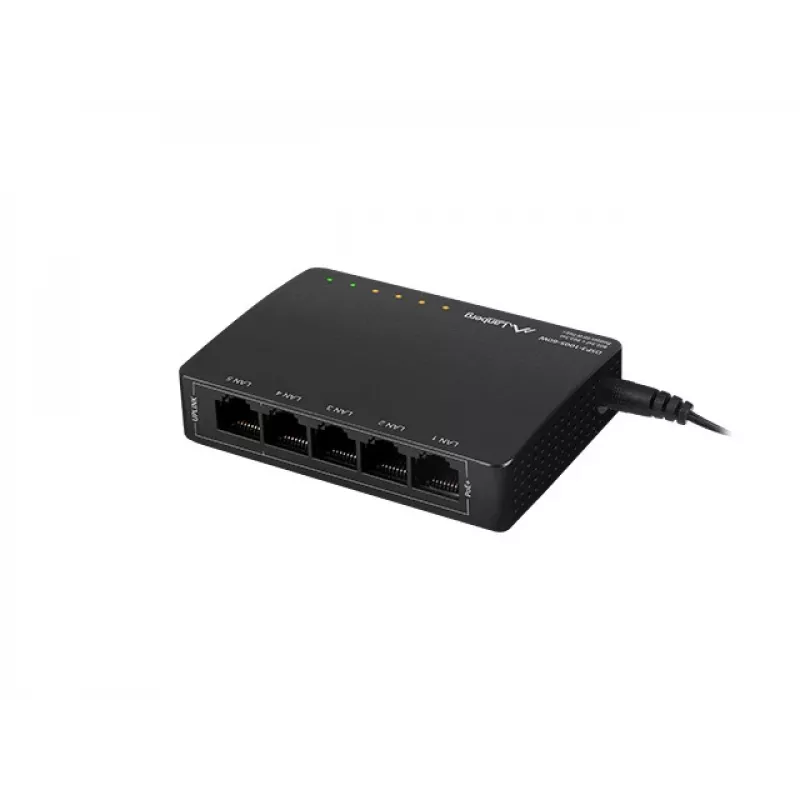 Nevaldomas tinklo jungiklis LANBERG DSP3-1005-60W, 5x Gigabit RJ-45, 4x PoE+ (60 W bendra galia), 10 Gbit/s perjungimo talpa