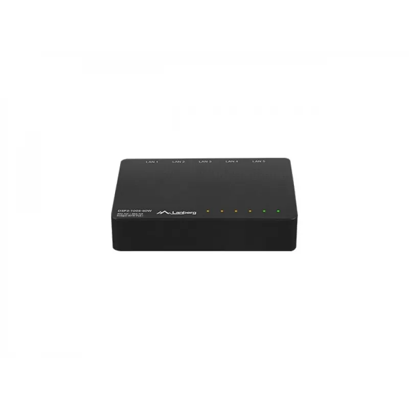 Nevaldomas tinklo jungiklis LANBERG DSP3-1005-60W, 5x Gigabit RJ-45, 4x PoE+ (60 W bendra galia), 10 Gbit/s perjungimo talpa
