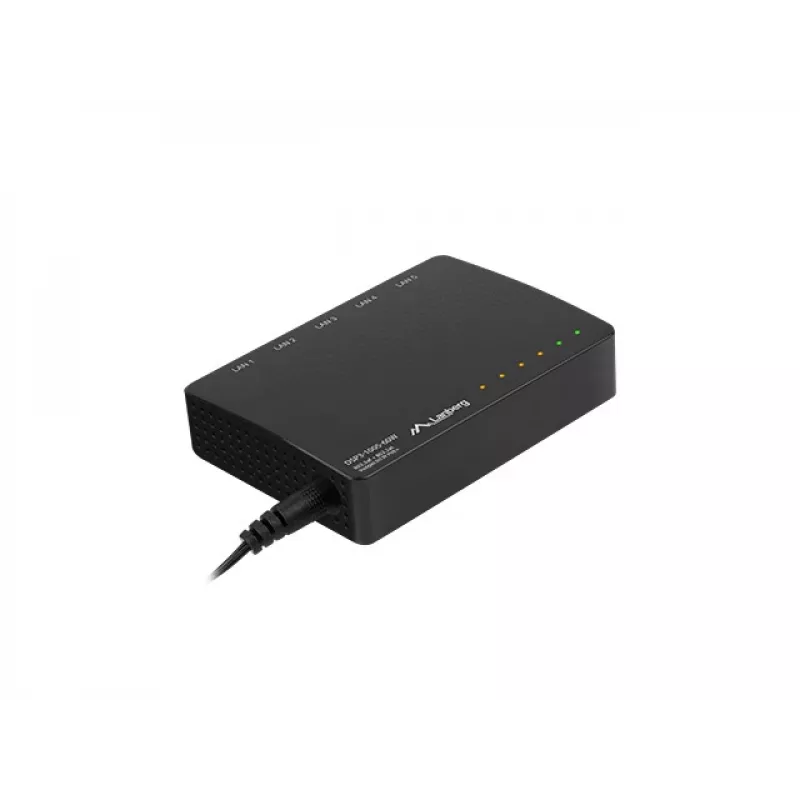 Nevaldomas tinklo jungiklis LANBERG DSP3-1005-60W, 5x Gigabit RJ-45, 4x PoE+ (60 W bendra galia), 10 Gbit/s perjungimo talpa
