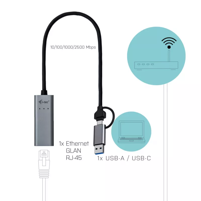 i-tec Metal USB-C/USB-A 2.5Gbps Ethernet Adapter, laidinis, USB Type-A / USB Type-C, Ethernet, 2500 Mbit/s, pilka