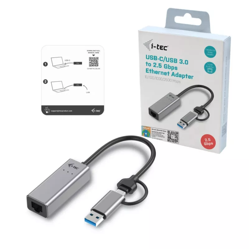 i-tec Metal USB-C/USB-A 2.5Gbps Ethernet Adapter, laidinis, USB Type-A / USB Type-C, Ethernet, 2500 Mbit/s, pilka