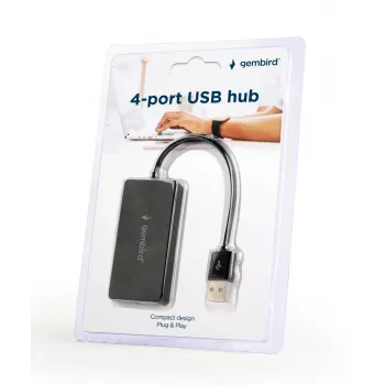 USB mazgas Gembird UHB-U2P4-04 – 4 prievadai USB 2.0, plug-and-play, juodas, 480 Mbit/s