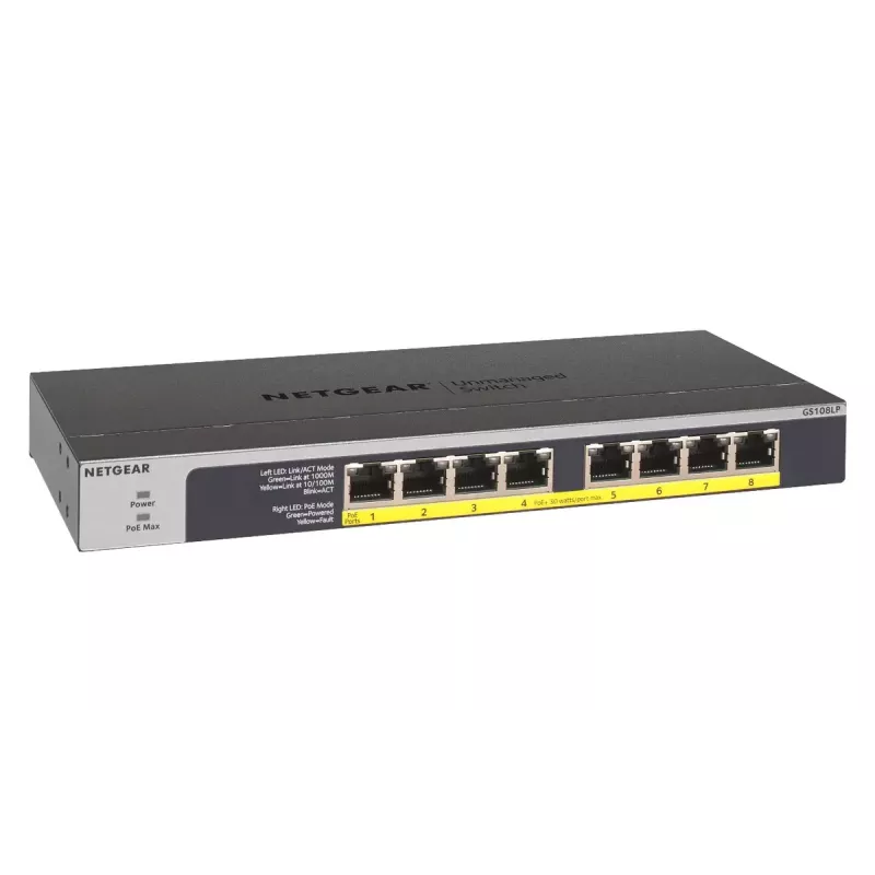 NETGEAR GS108LP Nevaldomas Gigabit Ethernet (10/100/1000) maitinimas per Ethernet (PoE) 1U juoda, pilka