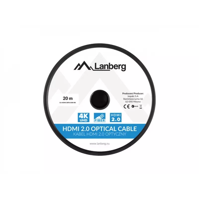HDMI kabelis LANBERG CA-HDMI-20FB-0200-BK 20 m, HDMI 2.0, A tipo kištukas–kištukas, 18 Gbit/s, 4K@60Hz (3840×2160), HDR, ARC, Ethernet