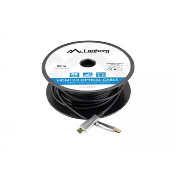 HDMI kabelis LANBERG CA-HDMI-20FB-0300-BK — 30 m, HDMI A tipo kištukas-kištukas, HDMI 2.0, 18 Gbit/s, 4K@144Hz, HDR, ARC, Ethernet, juodas