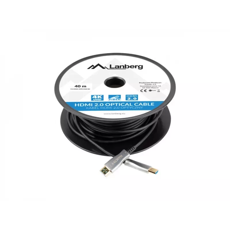 Lanberg CA-HDMI-20FB-0400-BK HDMI 2.0 aktyvusis optinis (AOC) kabelis, 40 m, HDMI A tipo kištukas–kištukas, 4K 60 Hz (3840x2160), 18 Gbit/s, Ethernet, juodas