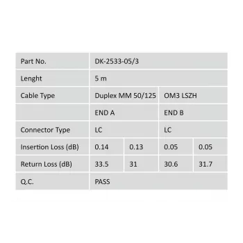 DIGITUS Fiber Optic Patch Cord, LC į LC, daugiamodis 50/125 µ, duplex, ilgis 5 m, OM3