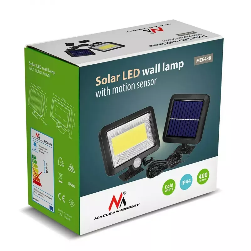 LED lauko prožektorius su saulės baterija MACLEAN MCE438, 5W, 400 lm, IP44, Li-Ion 5,2V, montuojamas ant sienos, balta šviesa, juodas