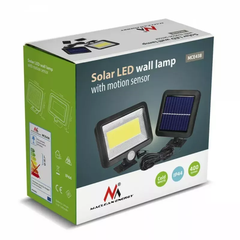 LED lauko prožektorius su saulės baterija MACLEAN MCE438, 5W, 400 lm, IP44, Li-Ion 5,2V, montuojamas ant sienos, balta šviesa, juodas
