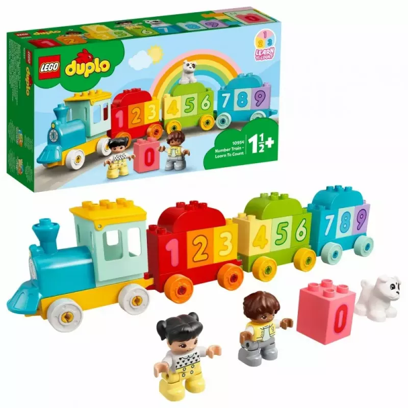 LEGO DUPLO traukinys su skaičiais 10954 – ankstyvojo mokymosi traukinys su sunumeruotais vagonais skaičiavimui ir rūšiavimui