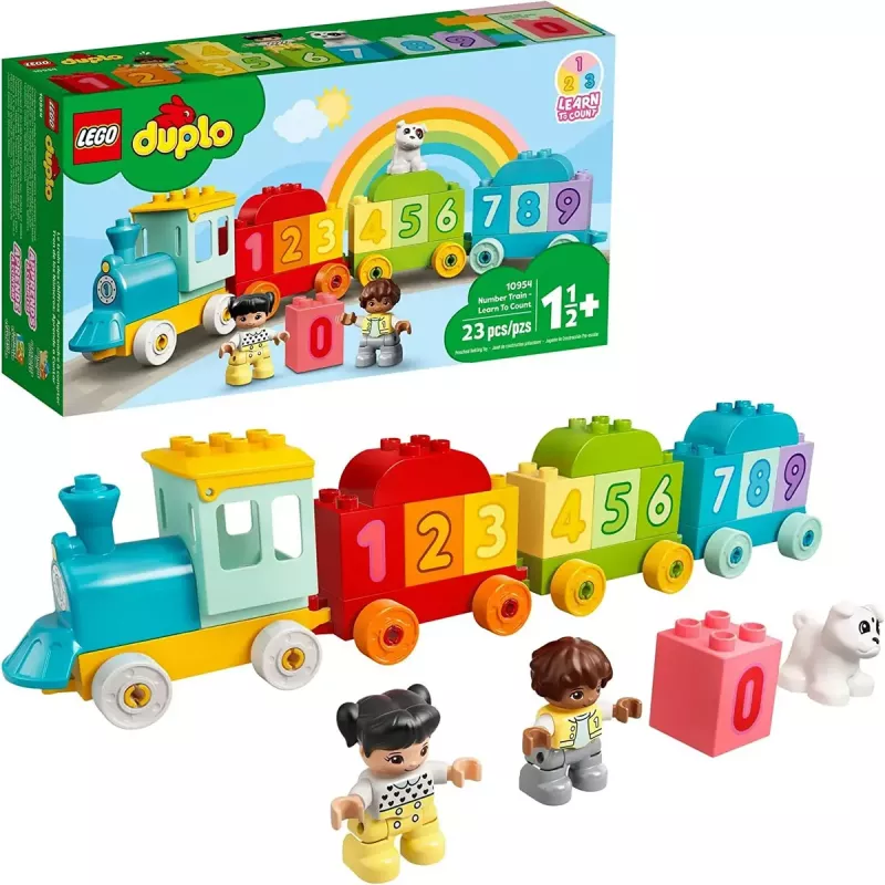 LEGO DUPLO traukinys su skaičiais 10954 – ankstyvojo mokymosi traukinys su sunumeruotais vagonais skaičiavimui ir rūšiavimui
