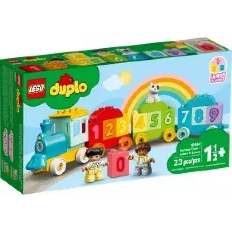 LEGO DUPLO traukinys su skaičiais 10954 – ankstyvojo mokymosi traukinys su sunumeruotais vagonais skaičiavimui ir rūšiavimui