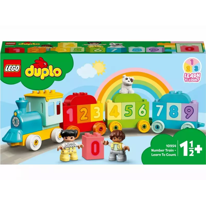 LEGO DUPLO traukinys su skaičiais 10954 – ankstyvojo mokymosi traukinys su sunumeruotais vagonais skaičiavimui ir rūšiavimui