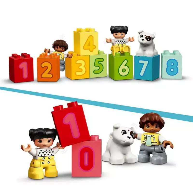 LEGO DUPLO traukinys su skaičiais 10954 – ankstyvojo mokymosi traukinys su sunumeruotais vagonais skaičiavimui ir rūšiavimui